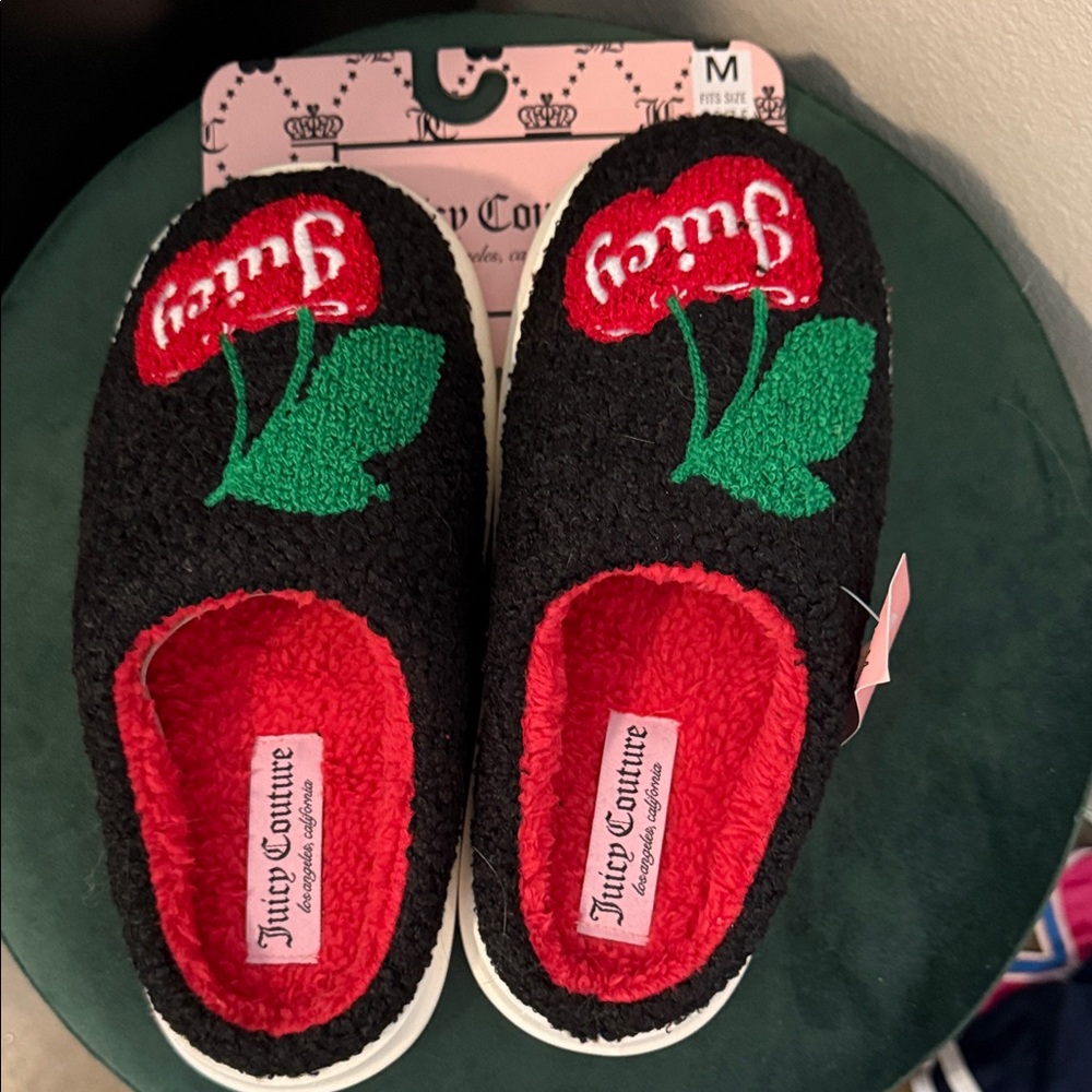 Juicy Couture Black Slippers with Cherry Design